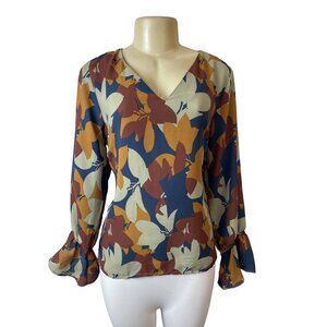 Salvadore Sz 44 (US 13.5) Floral Pattern V-Neck Ruffled Long Sleeve Blouse Shirt